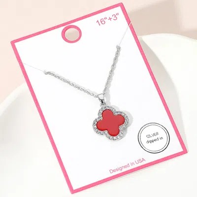 Fashnzfab Silver Dipped Rhinestone Trim Quatrefoil Pendant Necklace - Red, Rhodium In Multi
