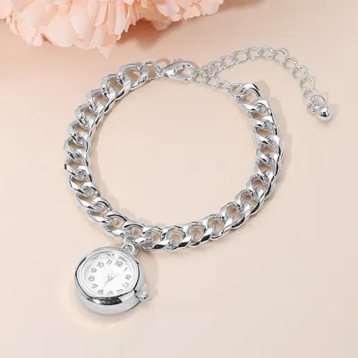 Fashnzfab Silver Dipped Round Watch Charm Classic Chain Bracelet - Rhodium In Metallic