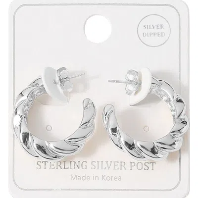 Fashnzfab Silver Dipped Sterling Silver Post Twisted Mini Hoop Earrings - Rhodium In Multi