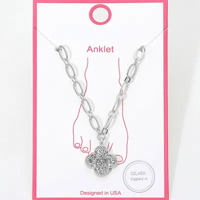 Fashnzfab Silver Dipped Stone Pave Quatrefoil Charm Textured Paperclip Chain Anklet In White