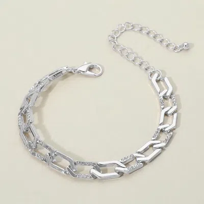 Fashnzfab Silver Dipped Stone Paved Geometric Link Chain Bracelet