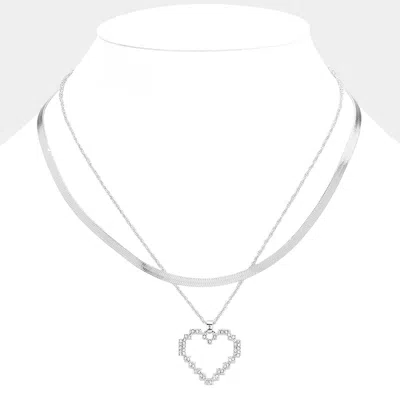 Fashnzfab Silver Dipped Stone Paved Open Heart Pendant Snake Chain Layered Necklace