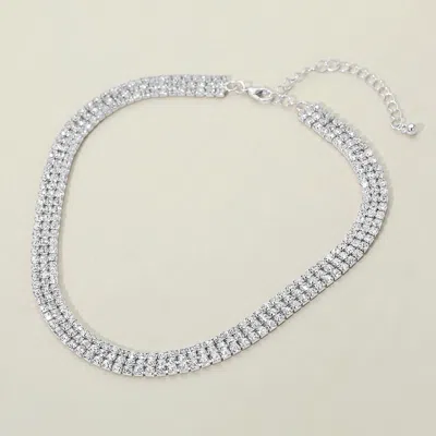 Fashnzfab Silver Dipped Triple Row Rhinestone Necklace In Metallic