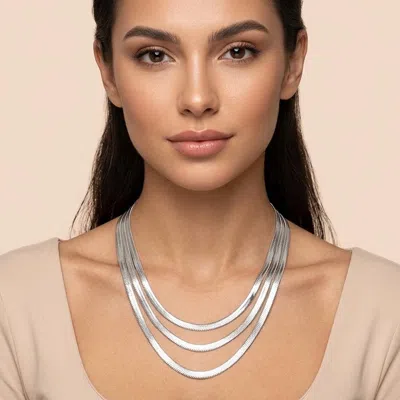 Fashnzfab Silver Dipped Triple Strand Herringbone Chain Necklace In Multi