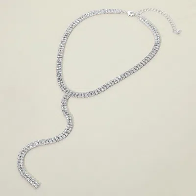 Fashnzfab Silver Dipped Y Shaped Rhinestone Necklace 15" + 3" L In Metallic