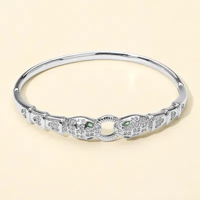 Fashnzfab Silver Plated Cz Stone Paved Snake Head Hinged Bangle Bracelet - Rhodium In Metallic