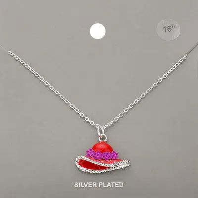 Fashnzfab Silver Plated Red Hat Pendant Necklace 16" + 3" L