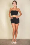 Fashnzfab Simple Solid Color Tube Top And Shorts Two Piece Set In Black
