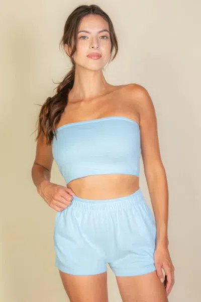 Fashnzfab Simple Solid Color Tube Top And Shorts Two Piece Set In Blue