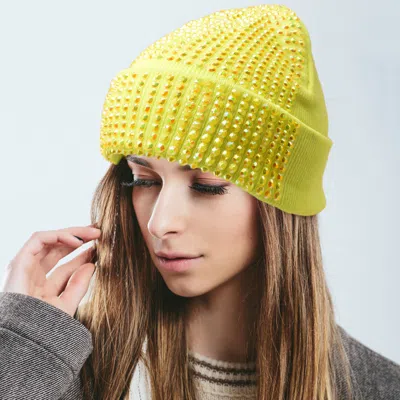 Fashnzfab Single Sided Studded Knit Beanie Hat In Yellow