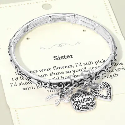 Fashnzfab Sister Message Bow Heart Charm Stretch Bracelet In Silver