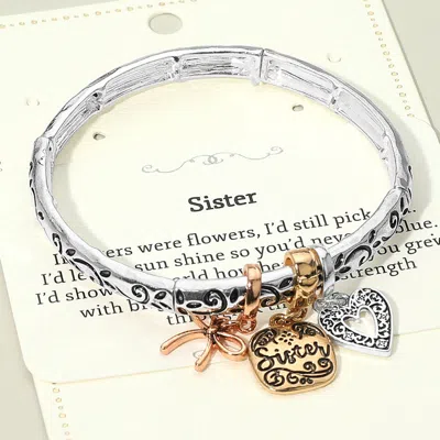 Fashnzfab Sister Message Bow Heart Charm Stretch Bracelet In Silver