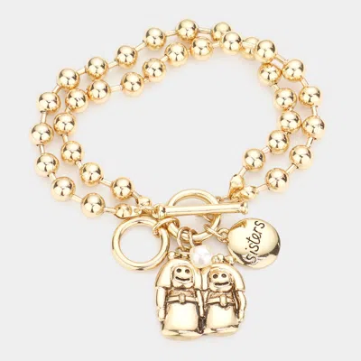 Fashnzfab Sister Pearl Charm Toggle Bracelet Antique Gold In Silver