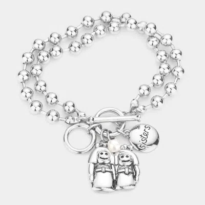 Fashnzfab Sister Pearl Charm Toggle Bracelet Antique Silver In Multi