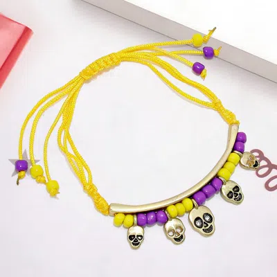 Fashnzfab Skull Charm Beaded Adjustable Cinch Pull Tie Bracelet Matte Gold, Yellow In Pink
