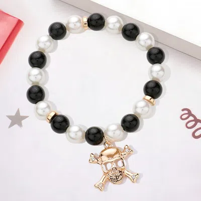 Fashnzfab Skull Charm Pearl Beaded Stretch Bracelet Gold, Multi