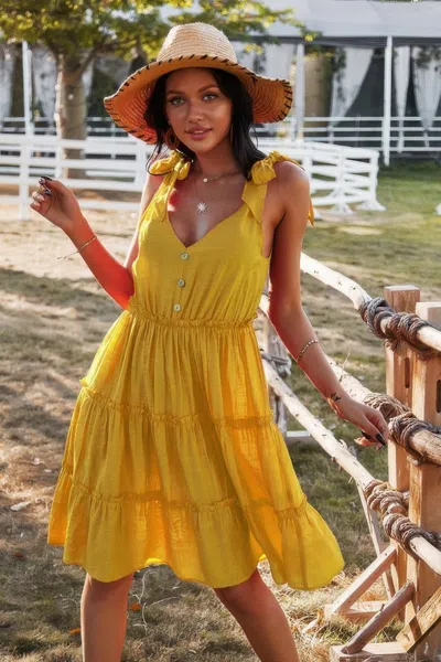 Fashnzfab Sleeveless Button Ruffle Dress Swing Pleated Dress In Yellow