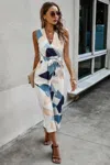 Fashnzfab Sleeveless Geo Print Wide Leg Belted Jumpsuit