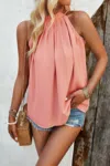Fashnzfab Sleeveless Halter Ruched Tunic Solid Loose Top