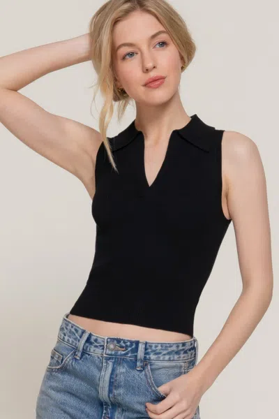 Fashnzfab Sleeveless Polo Spring Sweater In Black