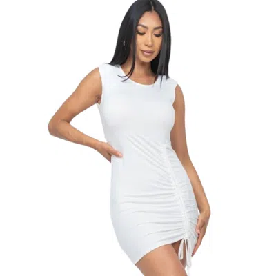 Fashnzfab Sleeveless Shoulder Pad Drawstring Ruched Mini Dress In White