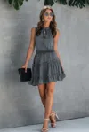 Fashnzfab Sleeveless Tie Neck Frill Trim Tiered Layer Dress