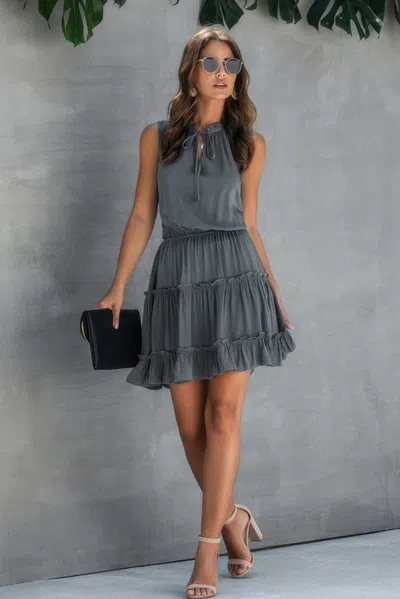Fashnzfab Sleeveless Tie Neck Frill Trim Tiered Layer Dress In Gray