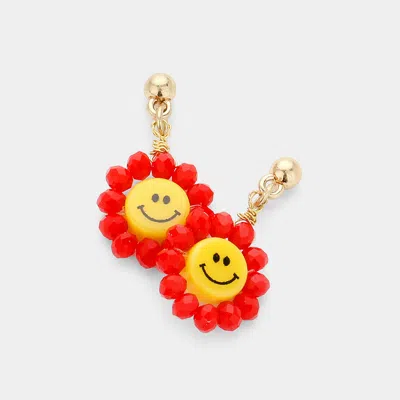 Fashnzfab Smile Centered Flower Dangle Earrings In Red