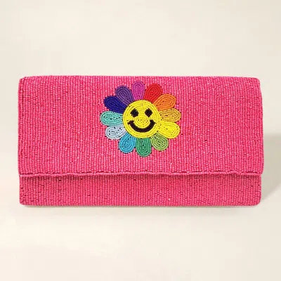 Fashnzfab Smile Flower Accented Seed Beaded Clutch / Crossbody Bag In Pink