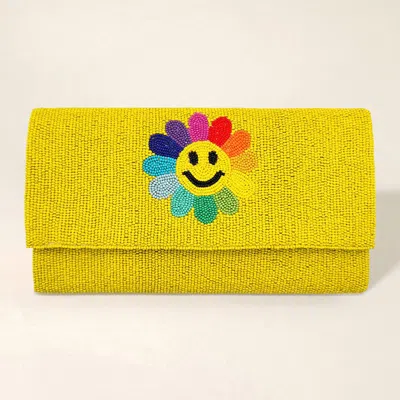 Fashnzfab Smile Flower Accented Seed Beaded Clutch / Crossbody Bag In Yellow