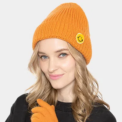 Fashnzfab Smile Patch Pointed Ribbed Knit Beanie Hat In Gold