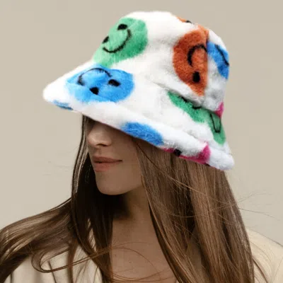 Fashnzfab Smile Patterned Faux Fur Bucket Hat In White