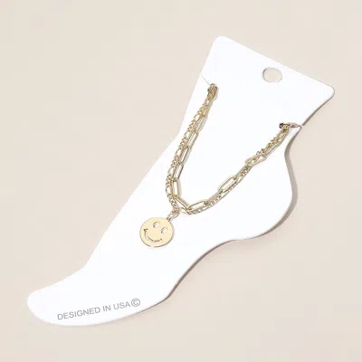 Fashnzfab Smiley Face Charm Accent Layered Chain Anklet In Gold