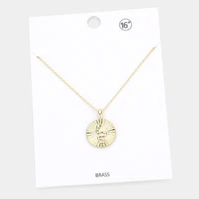 Fashnzfab Snake Accented Textured Brass Metal Round Pendant Necklace In Gold