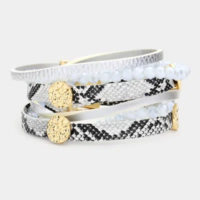 Fashnzfab Snake Skin Faux Leather Faceted Beaded Magnetic Bracelet Gray In Silver