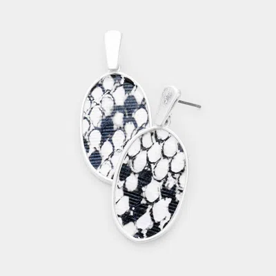 Fashnzfab Snake Skin Faux Leather Oval Earrings N - Black, Snake, White, Worn Silver In Metallic