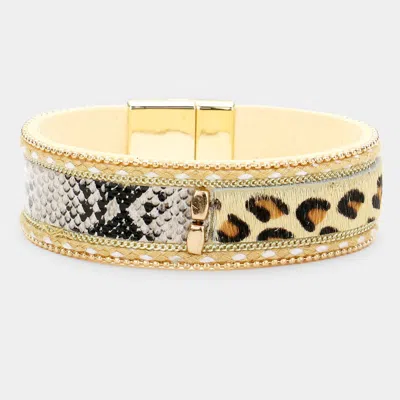 Fashnzfab Snake Skin Leopard Pattern Faux Leather Magnetic Bracelet Brown