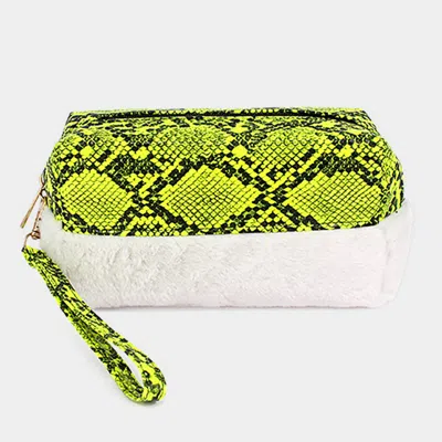 Fashnzfab Snake Skin Patterned Faux Leather Soft Fur Wristlet Pouch Bag In Green