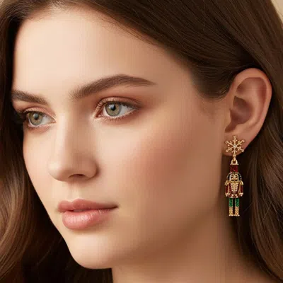 Fashnzfab Snowflake Accent Nutcracker Soldier Charm Drop Dangle Earrings In Gold