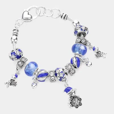 Fashnzfab Snowflake Bear Charm Multi Beaded Bracelet Blue In Silver