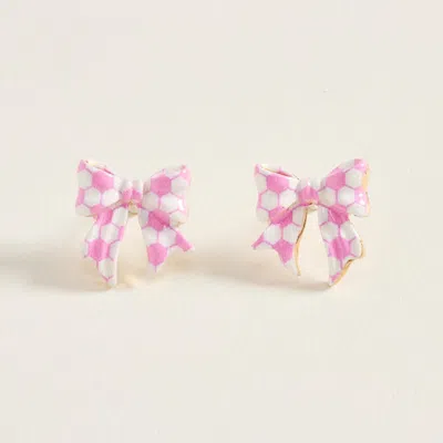 Fashnzfab Soccer Ball Bow Stud Earrings In Pink