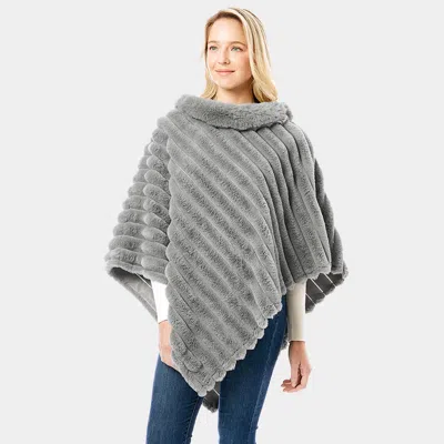Fashnzfab Soft Faux Fur Collar Poncho In Gray