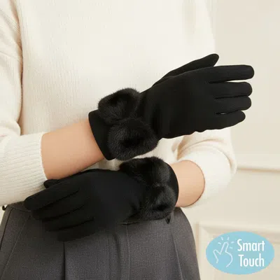 Fashnzfab Soft Knit Faux Fur Bow Trim Smart Touch Winter Gloves In Black
