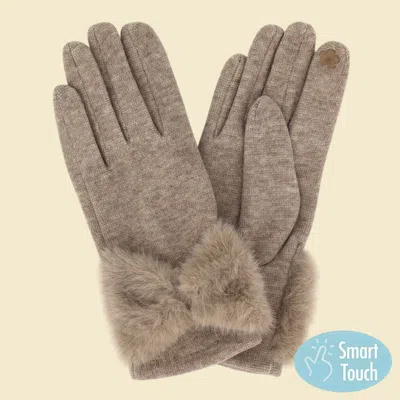 Fashnzfab Soft Knit Faux Fur Bow Trim Smart Touch Winter Gloves In Grey