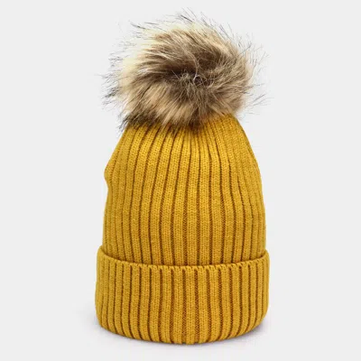 Fashnzfab Soft Knit Faux Pom Pom Beanie Hat In Yellow