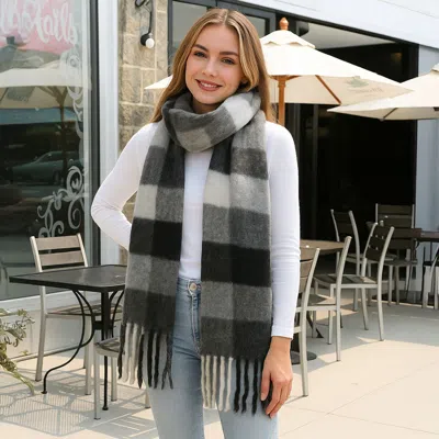 Fashnzfab Soft Plaid Oblong Fringe Long Scarf In Black