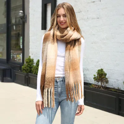 Fashnzfab Soft Plaid Oblong Fringe Long Scarf In Brown