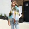 Fashnzfab Soft Plaid Oblong Fringe Long Scarf In Green