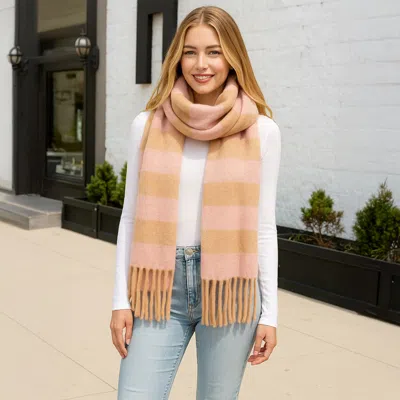Fashnzfab Soft Plaid Oblong Fringe Long Scarf In Sand