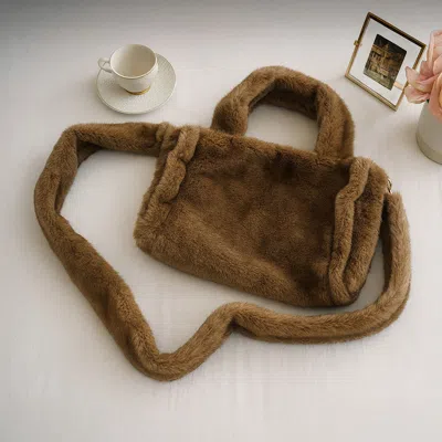 Fashnzfab Soft Stylish Plush Tote Crossbody Shoulder Bag In Brown